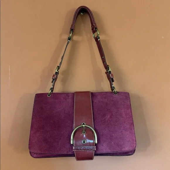 👜Vintage Y2K Coach Burgundy Suede &Leather shoulder bag(9664)